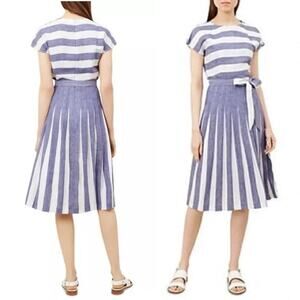 Hobbs London Women's‎ Blue & White Striped Aria Pleated Linen Midi Dress Size 10